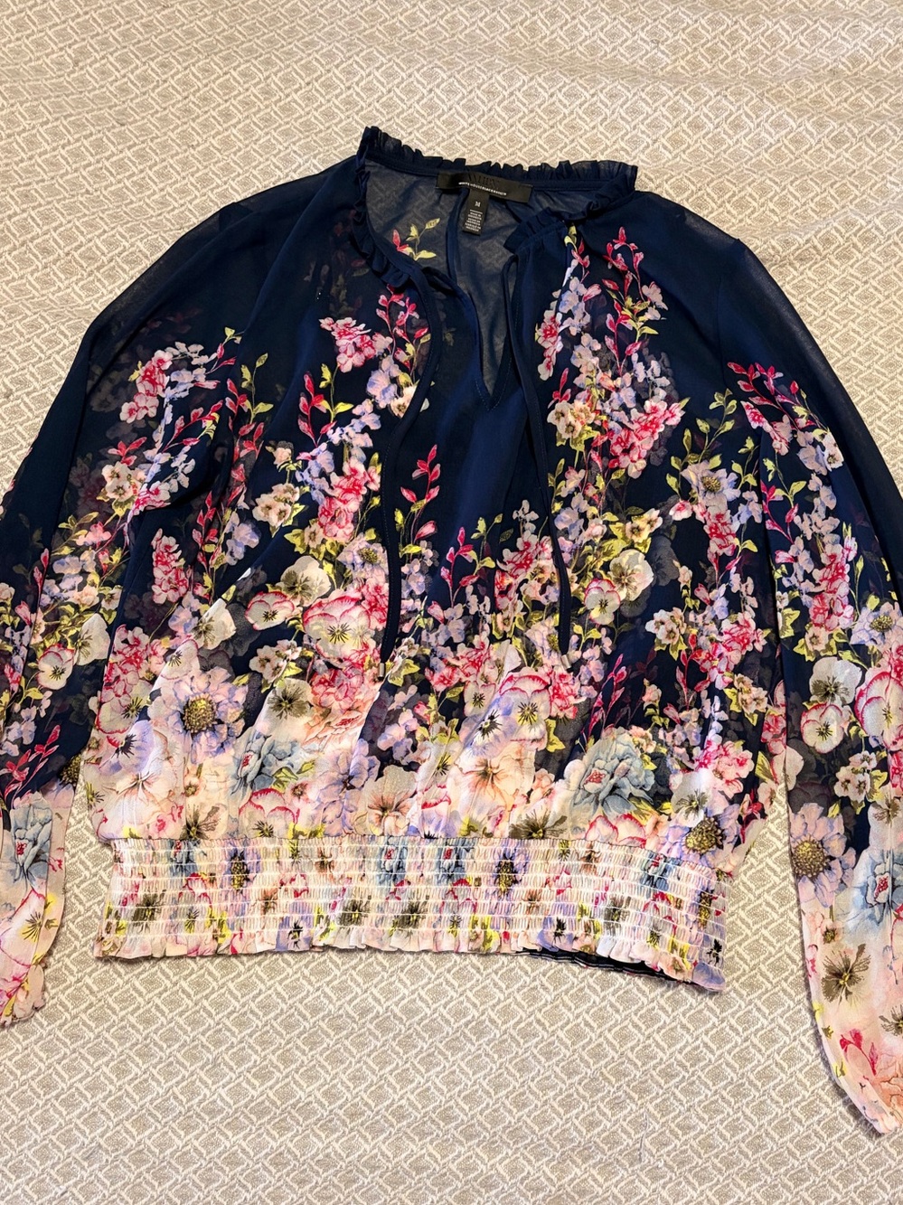 White House Black Market Navy Floral Smocked Hem Blouse